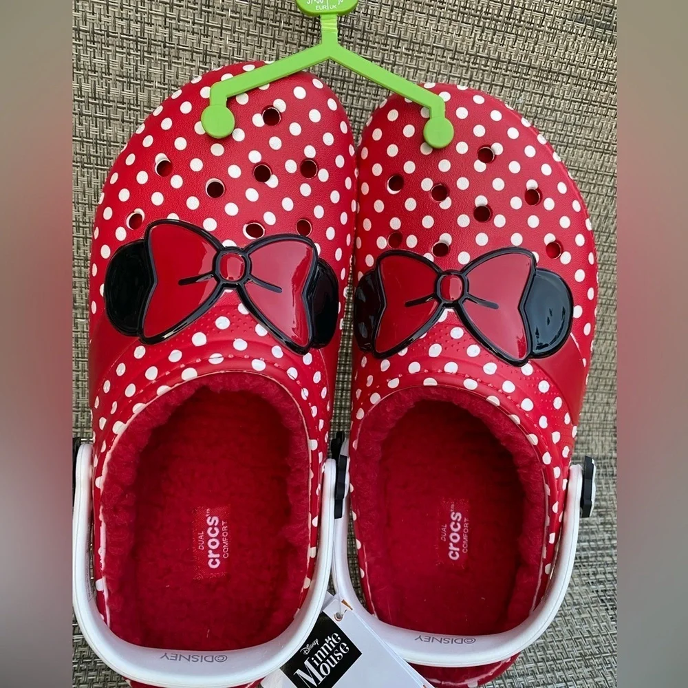 CROCS Disney Minnie Mouse Big Girls Fur Lined Red Bow White Polka Dot Clog Sz j5
